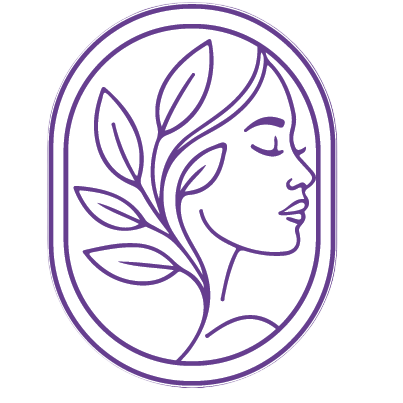 Skinsi logo on a purple background with a woman's face and leaves.